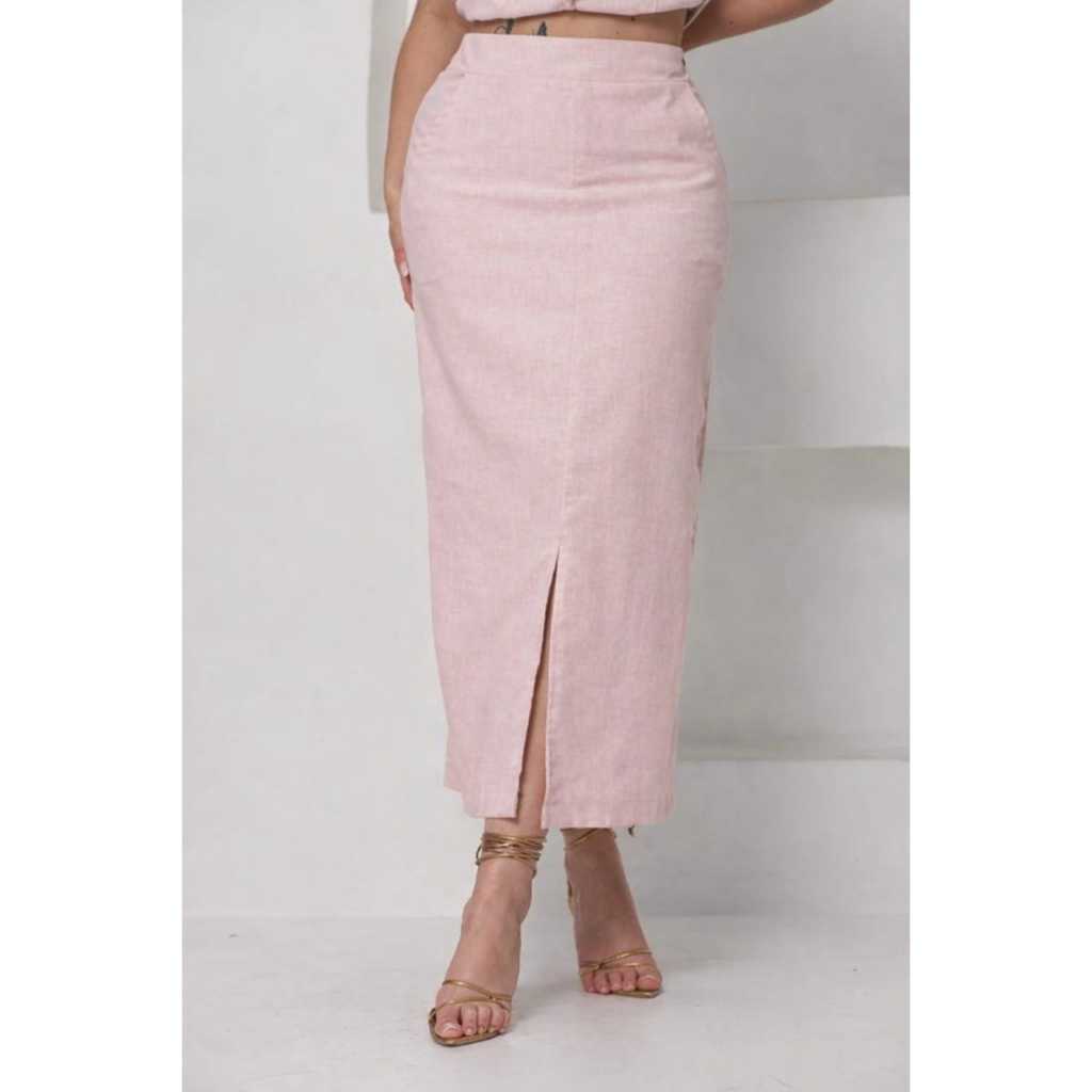 Saia Longa Midi Feminina Alfaiataria Marrant Moda Evangélica Casual Básica Cintura Alta Com Bolso