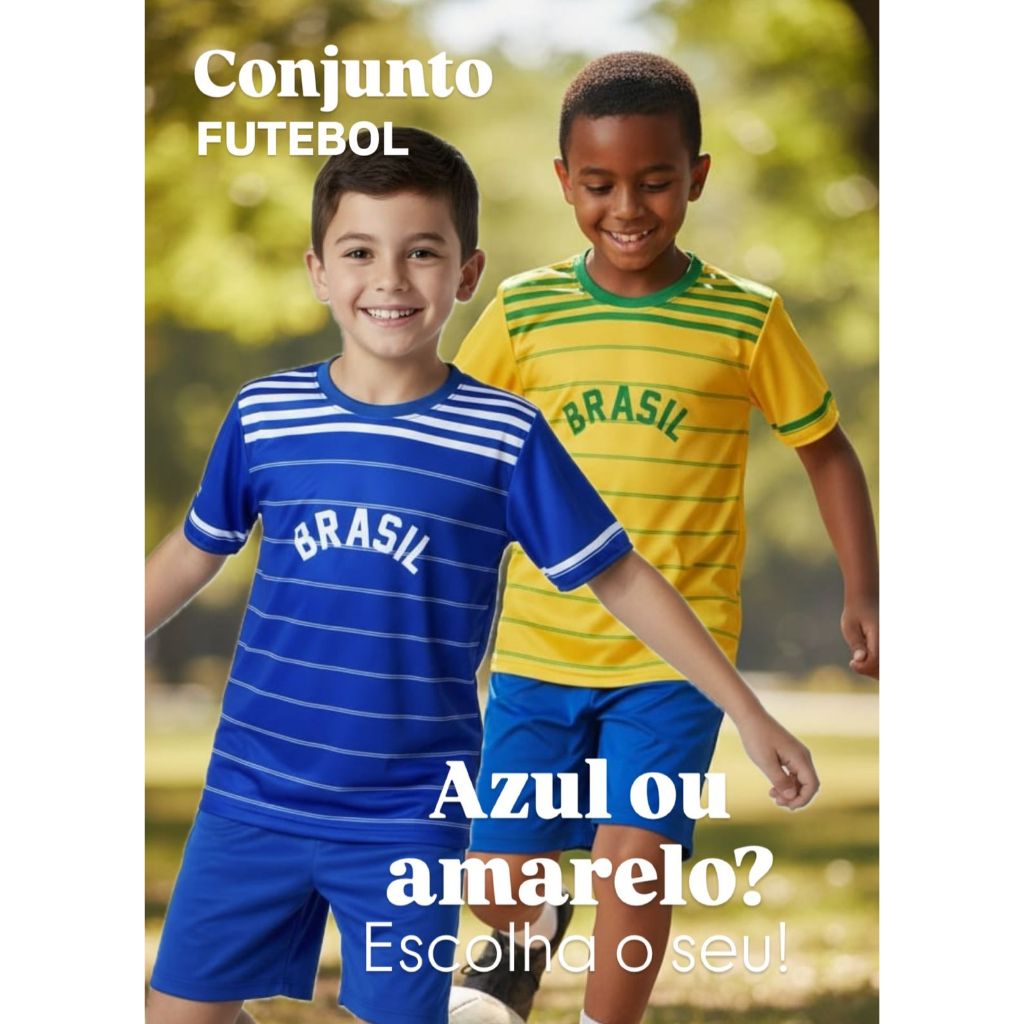 Conjunto do Brasil Retro Infantil Juvenil Camiseta e Shorts Amarelo e Azul Listrado