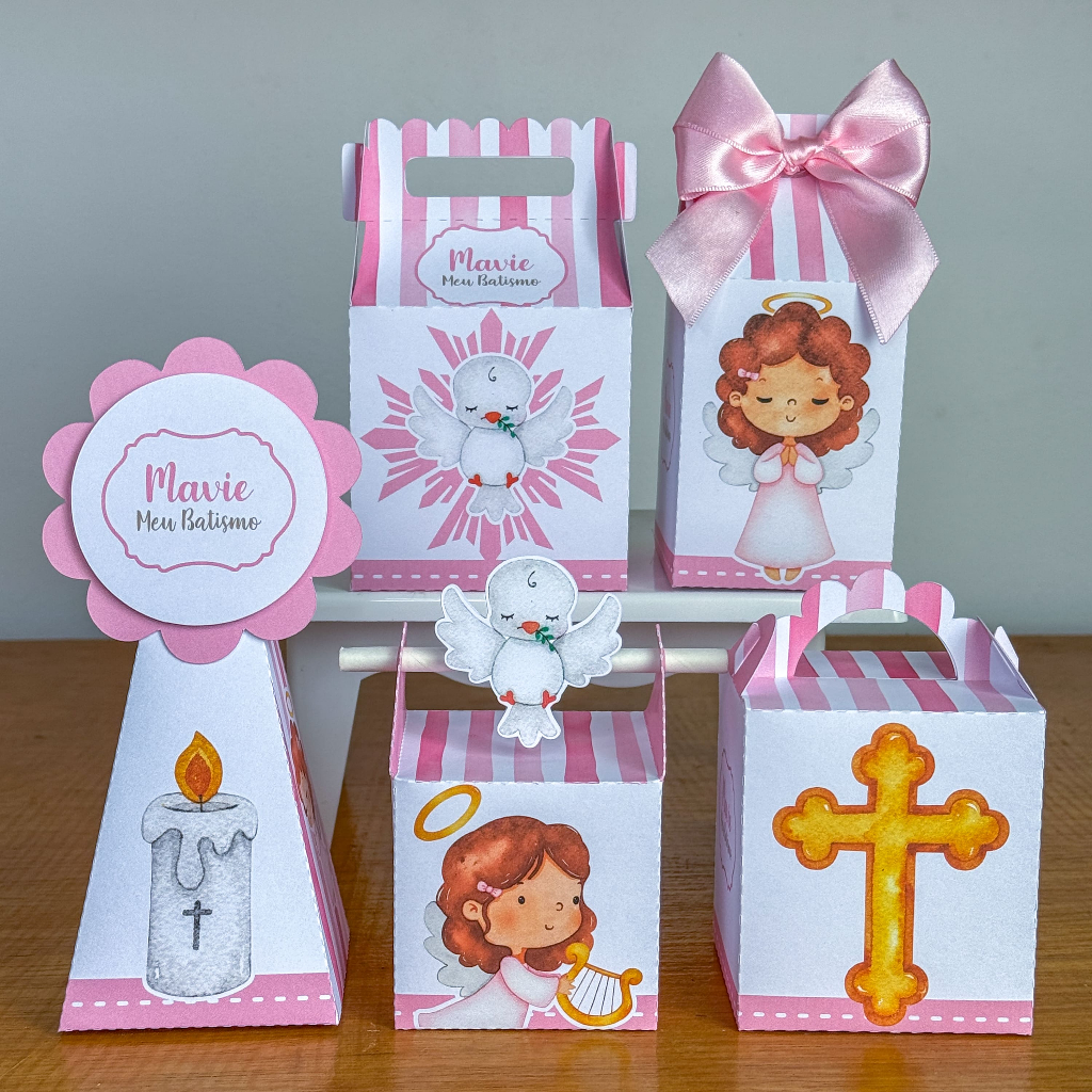KIT Festas BATIZADO ROSA / MENINA Caixinhas Personalizadas Lembrancinhas Para festas PEGUE E MONTE