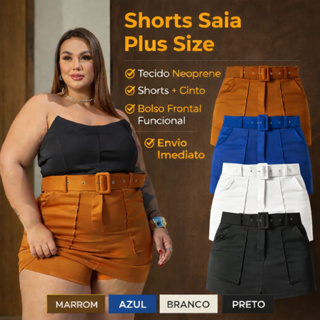 Shorts Saia PLUS SIZE COM LYCRA Feminina Cintura Alta com Cinto BOLSO FRONTAL - ENVIO IMEDIATO !!! em Oferta na Shopee