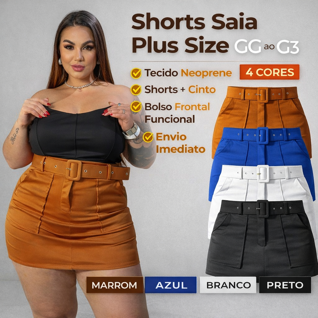 Shorts Saia PLUS SIZE COM LYCRA Feminino Curta Com Cinto Cintura Alta - ENVIO IMEDIATO !!!