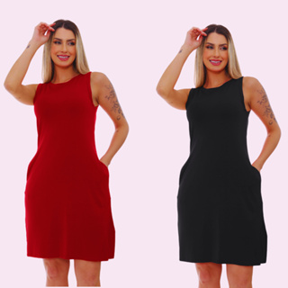 Kit Vestido Regata Soltinho  Midi Malha Liso  - Moda Básica com Bolsos Verão em Oferta na Shopee