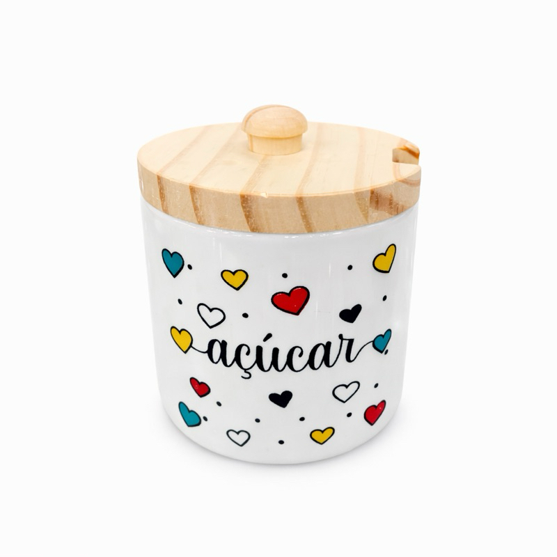 Açucareiro de Porcelana com Tampa de Madeira Decorado – Pote de Açúcar Branco Moderno