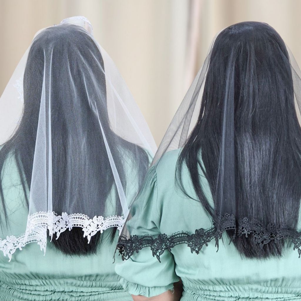 Véu Católico para Missa Tule Francês Transparente Renda Floral Branco e Preto (Nilsen Fra)