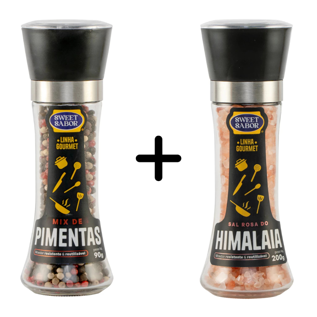 Kit Moedores Com Pimenta Do Reino e Sal Rosa do Himalaia Sweet Sabor - Linha Gourmet