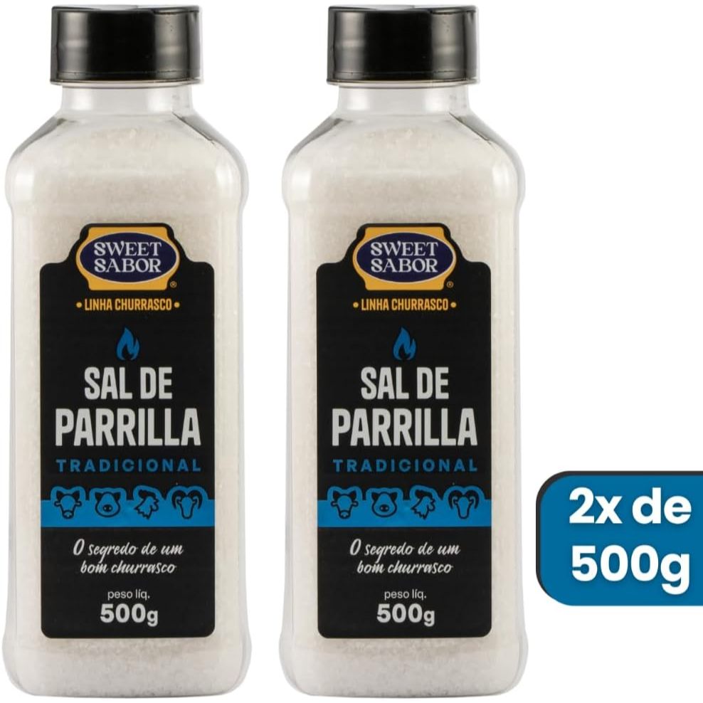 Sal Parrilla Tradicional Sweet Sabor 1Kg (2x500g) Sal Marinho Entrefino Iodado Ideal para Churrasco.