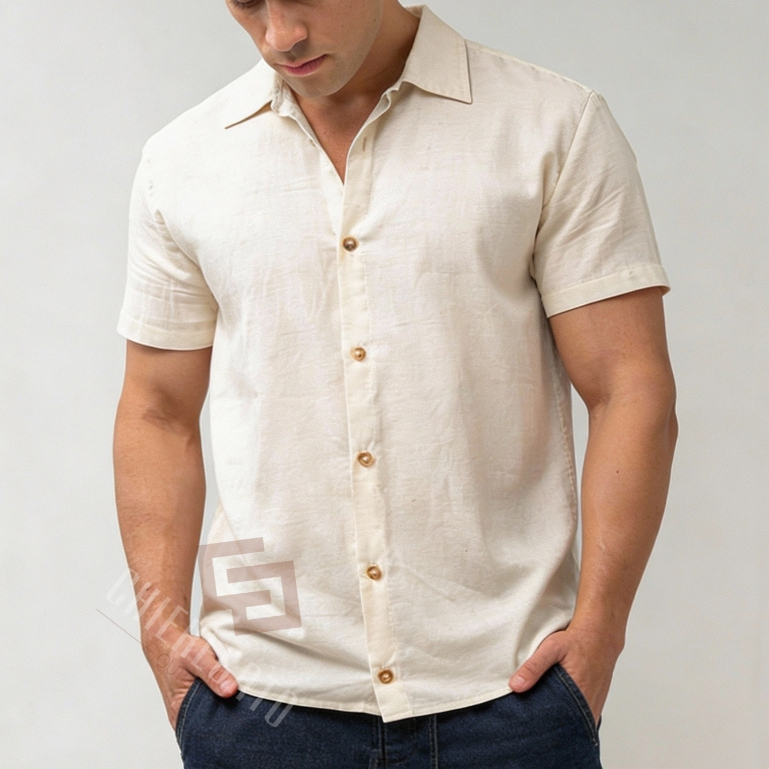 Camisa Social Gola Padre Aspecto Linho Praia Slim Fit Masculina Manga Curta Estilo Praia Casual