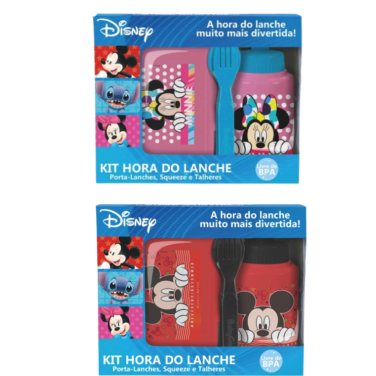 Kit Hora do Lanche Disney BabyGo Mickey ou Minnie Pote de Lanche + Garrafa + Talheres (Livre de BPA)
