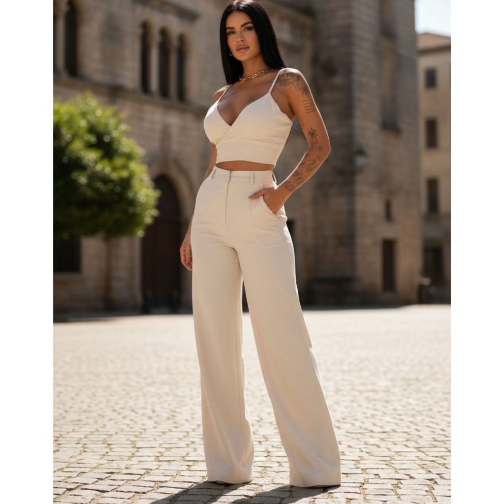 Calça Pantalona Feminina Alfaitaria Linho Premium Cintura Alta em Oferta na Shopee