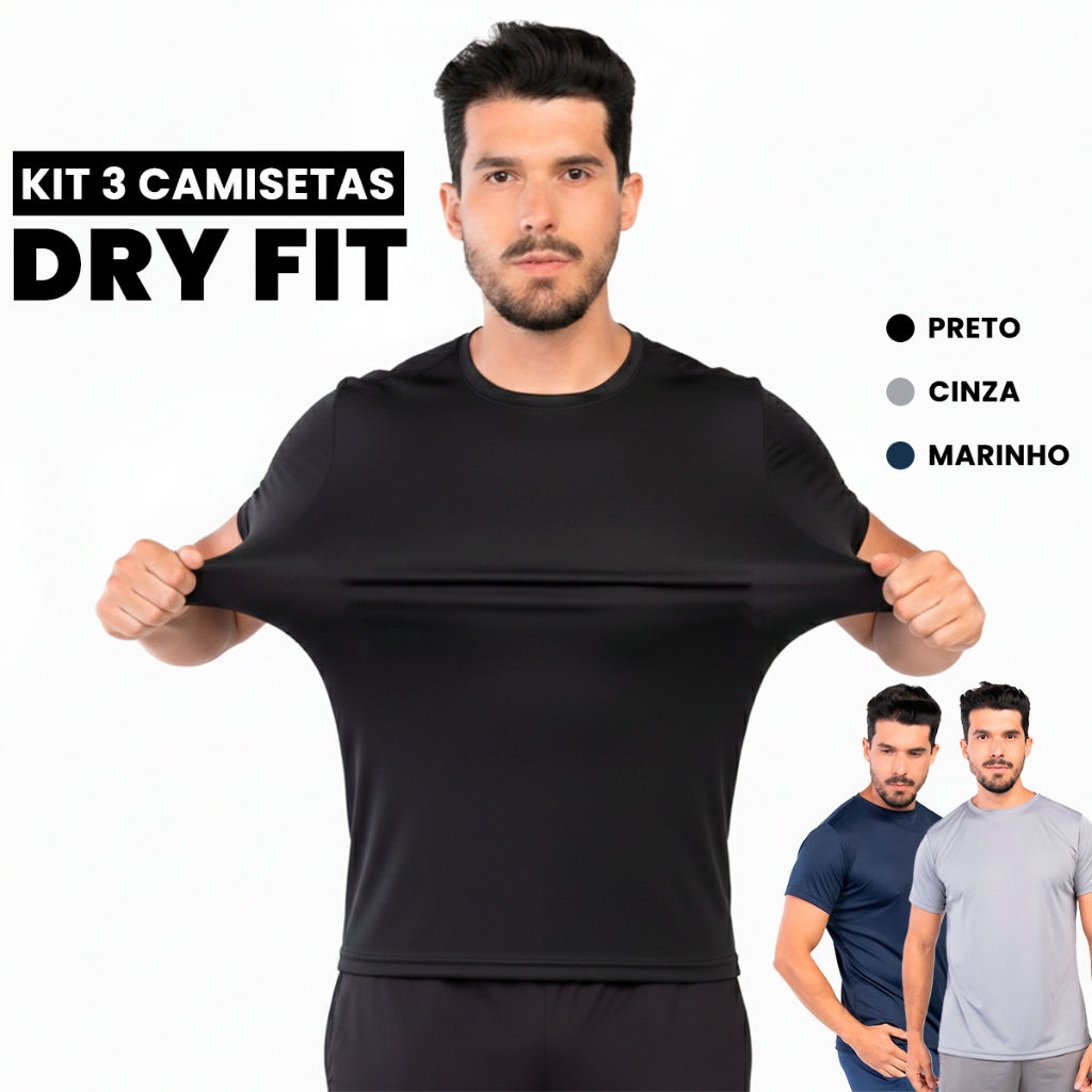 Kit 3 Camisetas Dry Fit Masculina Lisa Flexível Academia Treino LVF2-CP3 em Oferta na Shopee