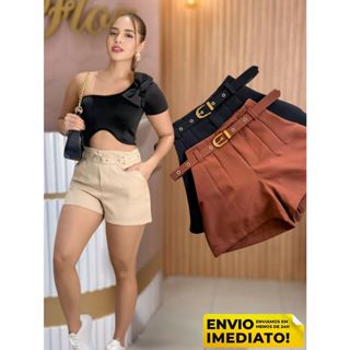 Short Feminino Alfaiataria com Cinto Forrado Social cintura alta Promoçao em Oferta na Shopee