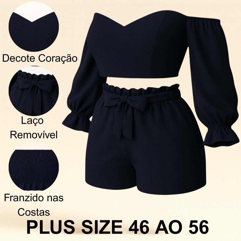 Conjunto Plus Size Cropped e Short Cintura Alta Curto Plus Elegante  Feminino Short + Cropped Crepe Premium (G GG G1 G2)