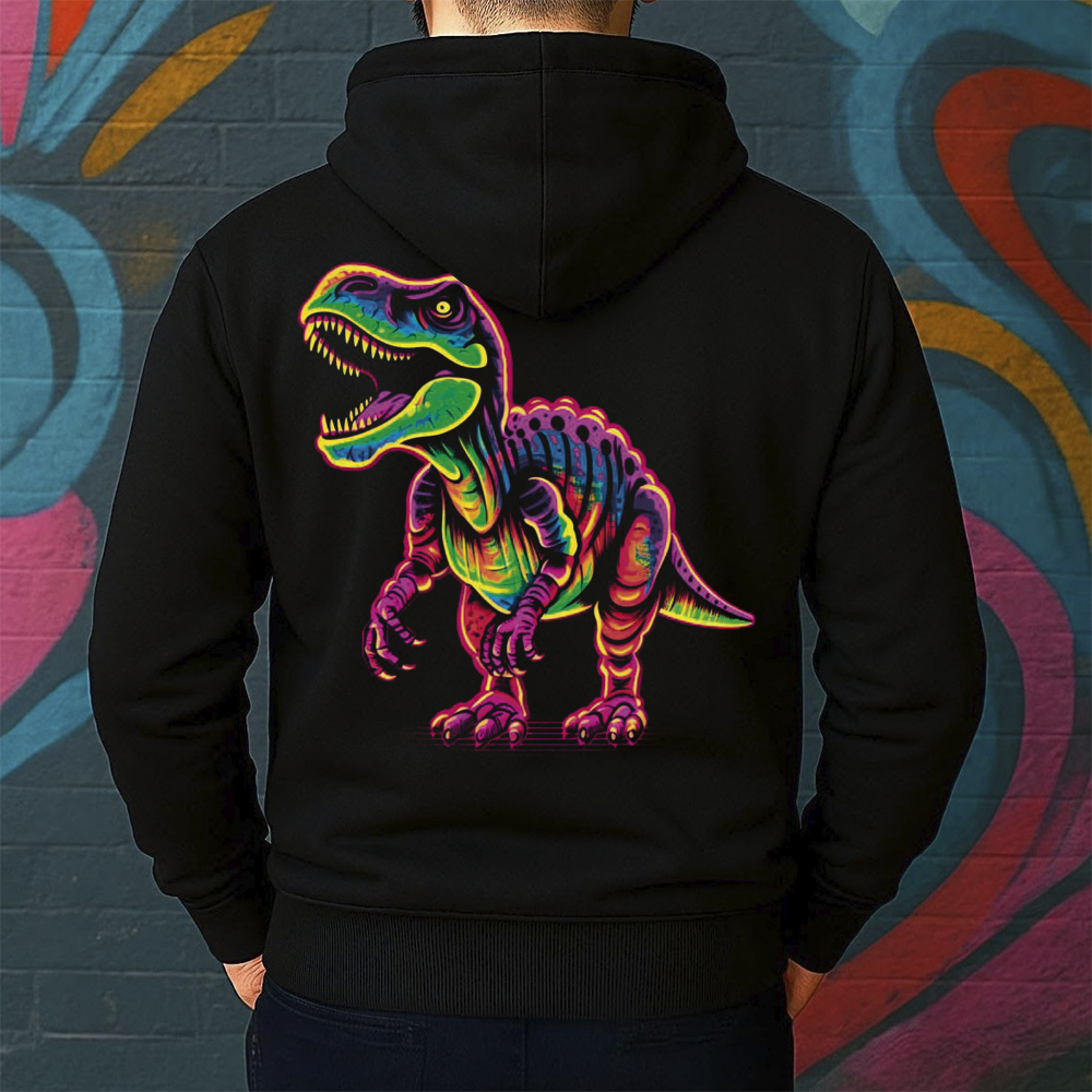 Blusa de Moletom Canguru Estampada Dinossauro Colorido Masculina Confortável Do Tamanho P ao GG