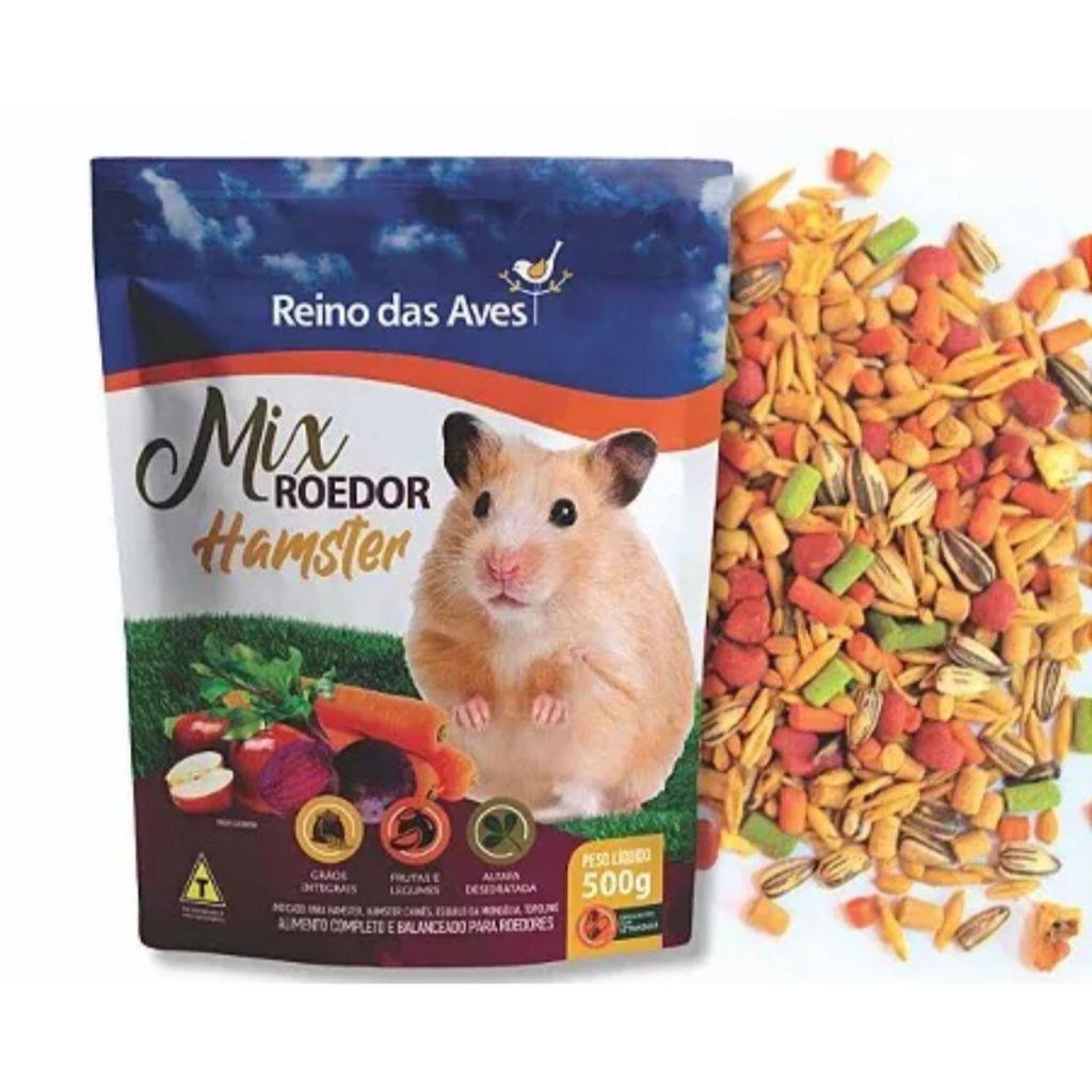 REINO DAS AVES MIX ROEDOR HAMSTER 500GR RAÇÃO SEMENTE CHINES RATO COBAIA HAMISTER ESQUILO TAMBOR RUSSO SERRAGEM BANHO