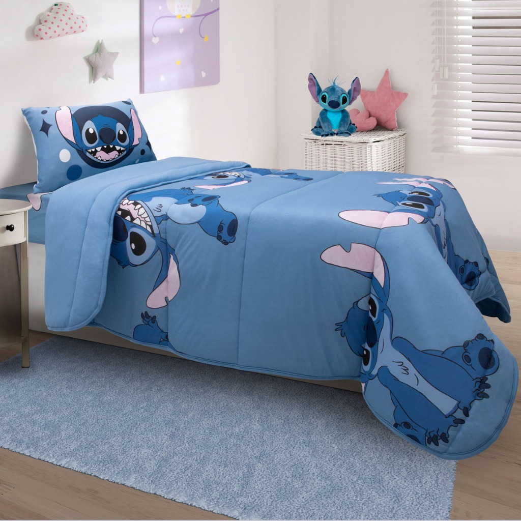 Kit Cobre Leito Solteiro Infantil 2 Peças Disney Stitch Angel Minnie Mickey Dupla Face 100% Algodão