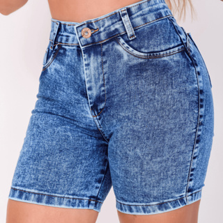 Short Meia Coxa Jeans Feminina Cintura Alta com Lycra Cós Alto Modelagem Com Pinças em Oferta na Shopee