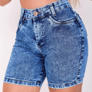 Short Meia Coxa Jeans Feminina Cintura Alta com Lycra Cós Alto Modelagem Com Pinças