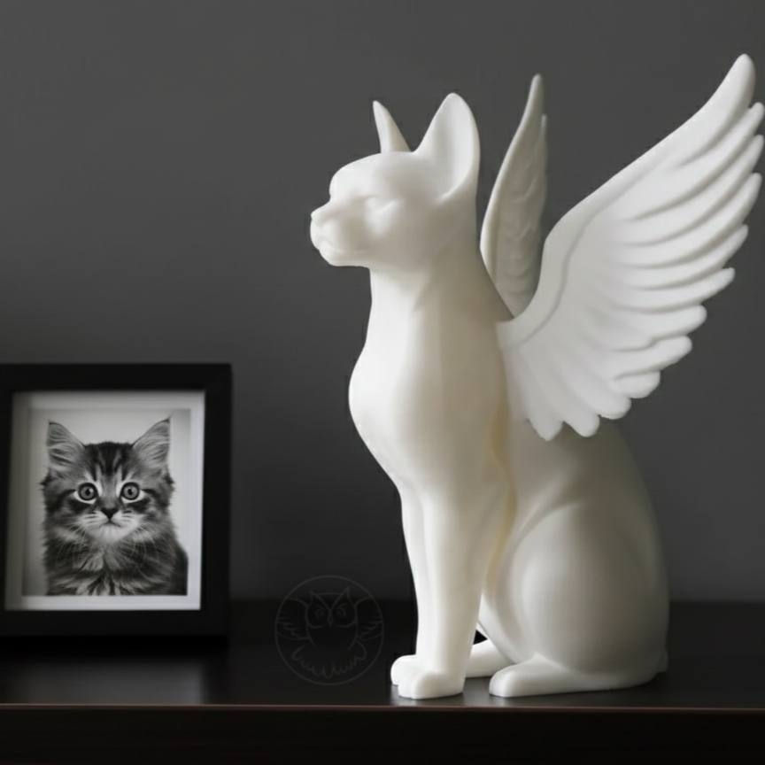 Escultura Pet Gato Anjo Decorativo Branco | Estátua Pet com Asas | Decoração Moderna e Afetiva