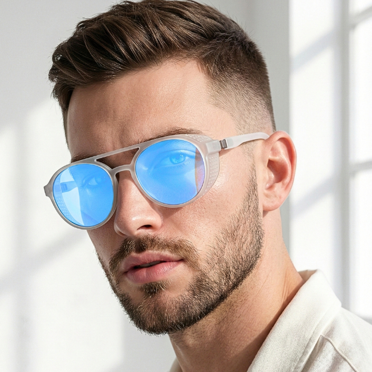 Óculos de Sol Redondo Soldador Branco Azul Espelhado Steampunk Retro Alok uv400 Feminino Masculino