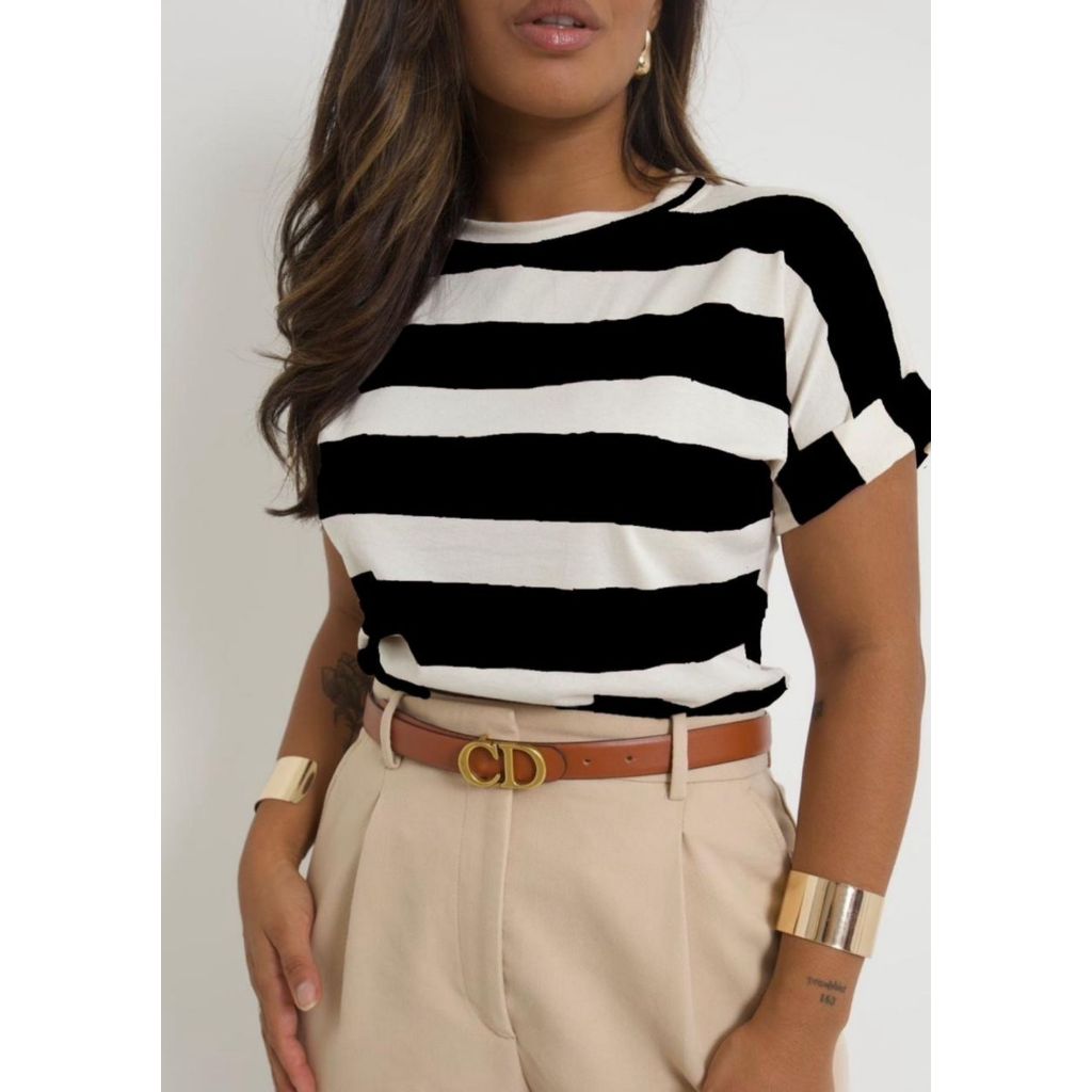 Blusa  T Shirt Listrada Manga Dobrada Gola Redonda Viscolycra em Oferta na Shopee