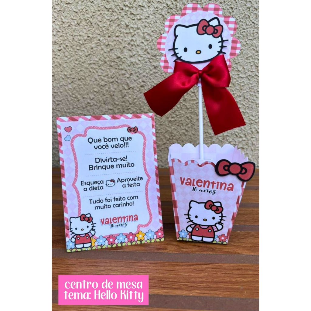 Kit Centro de Mesa Hello Kitty | Personalizado | Enfeite Cachepô Plaquinha | Decoração Festa |ENVIO RÁPIDO