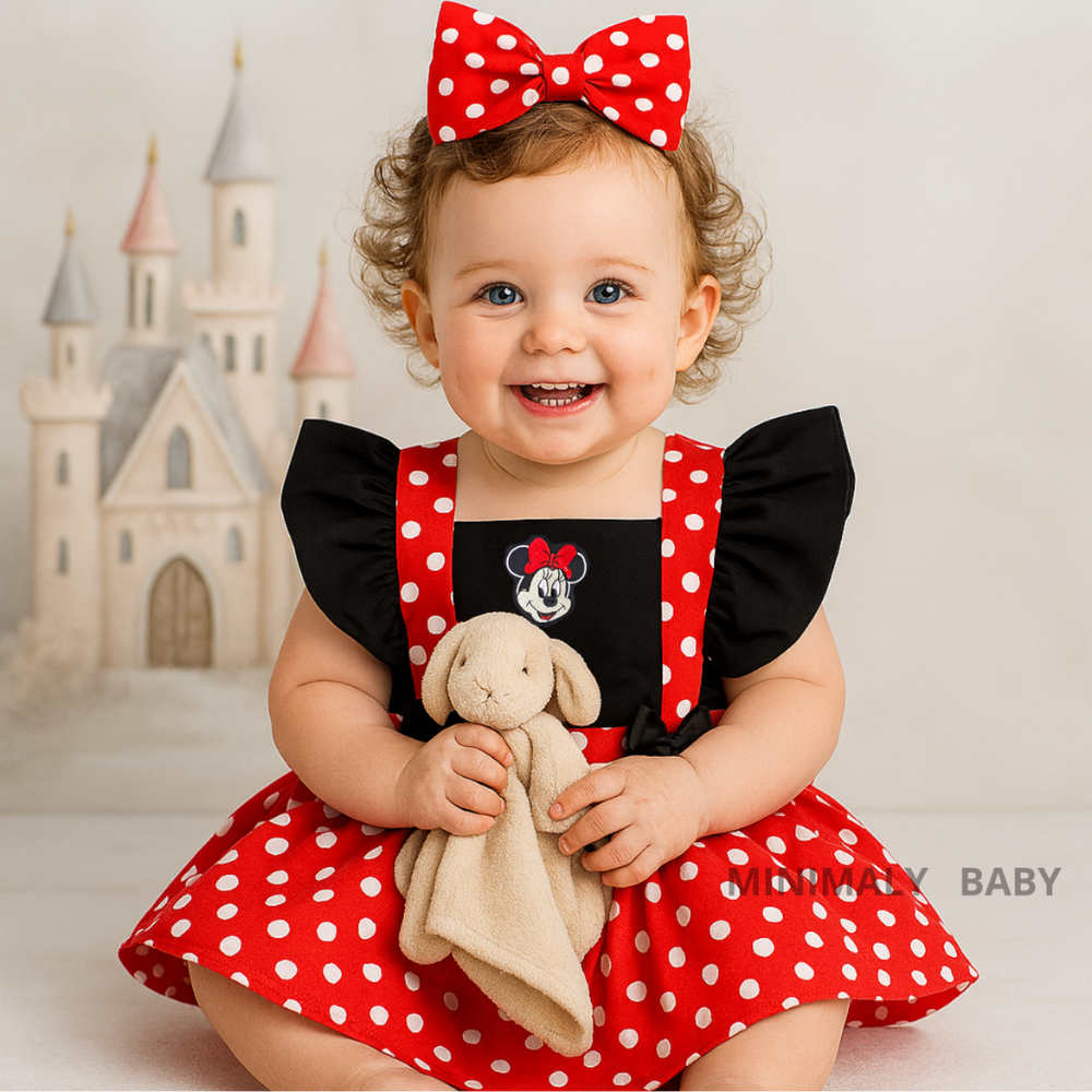 Kit Romper Jardineira Minnie Bordado Vermelha Menina Suedine  Princesas Luxo Com Laço em Oferta na Shopee