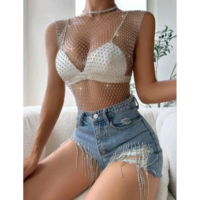 Blusa feminina Telinha Com Strass Pedraria cropped arrastão carnaval 2026