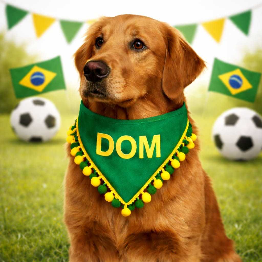 BANDANA DO BRASIL PERSONALIZADA COM NOME DO PET+ POMPOM VERDE E AMARELO PARA A COPA DO MUNDO TAMANHO P, M, G, GG