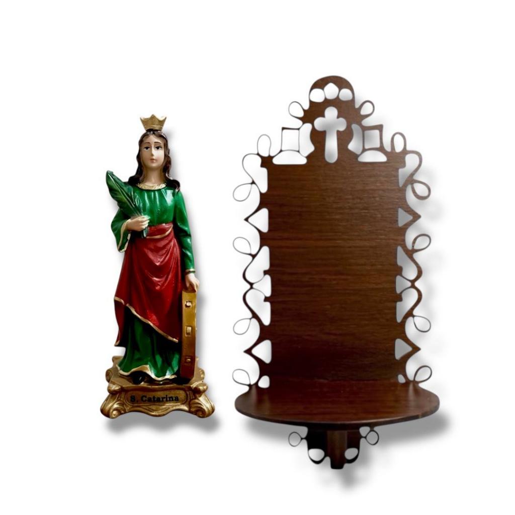 Imagem Santa Catarina 15cm Resina com Suporte Madeira Parede Tabaco