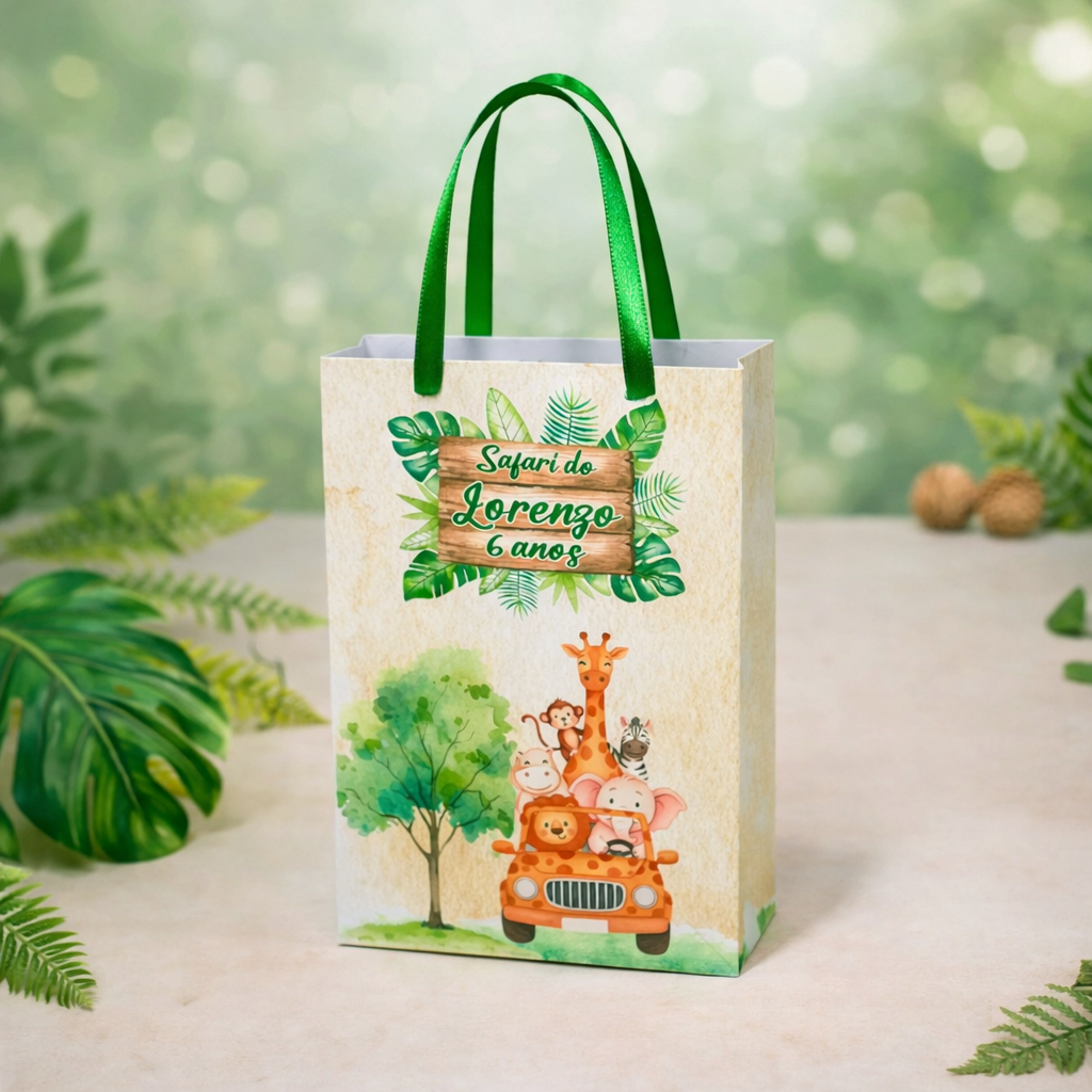 Sacolinha Personalizada Com Tag Tema Safari Aquarela– Lembrancinhas para Festa Infantil + Alça de Cetim