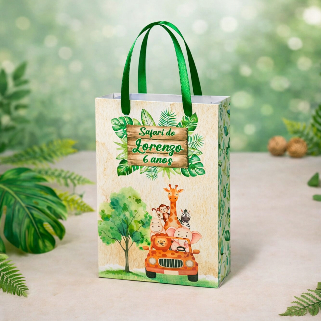 Sacolinha Personalizada M Com Tag Tema Safari Aquarela– Lembrancinhas Festa Infantil + Alça de Cetim