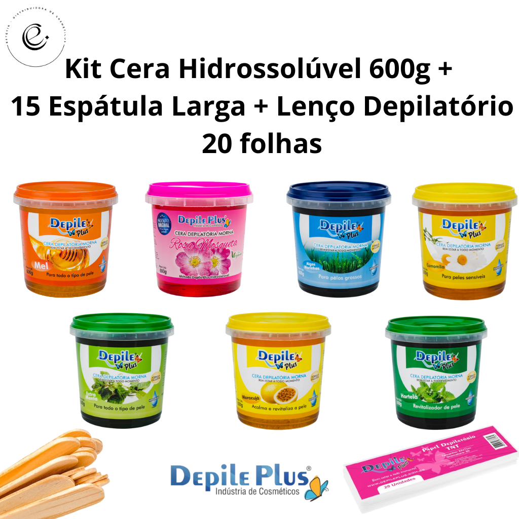 Kit Cera Depilatória Hidrossolúvel 600g +  15 Espátulas de Madeira Depilação + 20 Lenço Depilatório Depile Plus