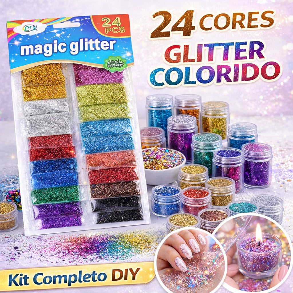 Kit Glitter Colorido 24 Cores para Artesanato, Resina, Velas, Unhas e DIY