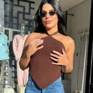 Cropped Feminino Canelado Modal Liso de Bico Frente Única Verão Amarração No Pescoço Trico em Oferta na Shopee