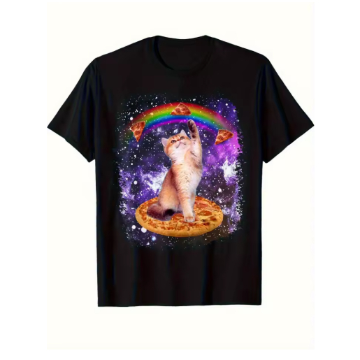 Camiseta Unissex Estampa Exclusiva Casual Confortável gatinho no espaço arco ires