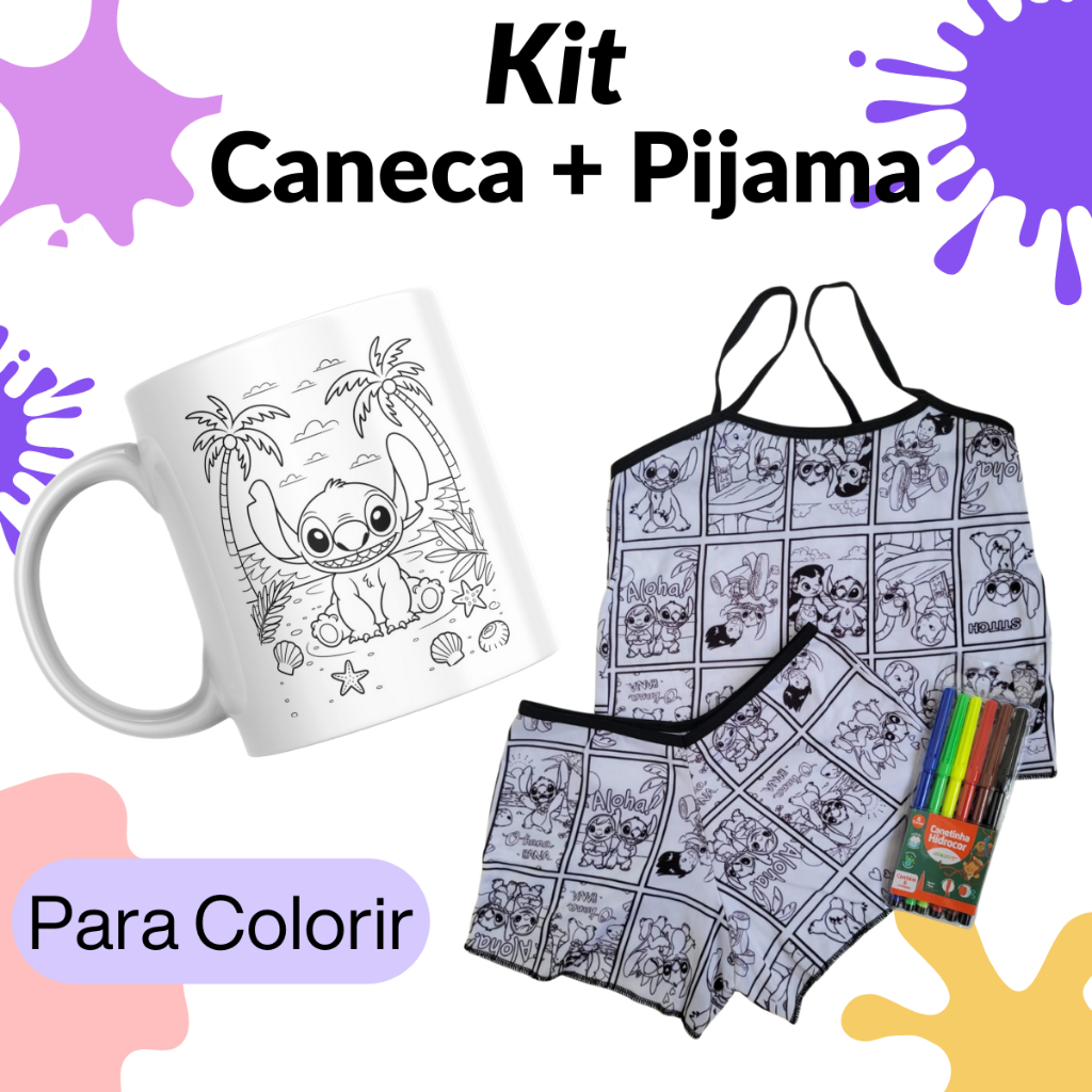 Super Kit Infantil Stitch: Pijama Verão + Caneca Pinte e Lave + 6 Canetas - Presente Criativo Menina