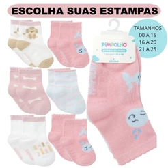 Kit 6 Pares Meia Pimpolho Algodão Antiderrapante Bebê Infantil Feminina Cano Alto Menina Recém Nascido RN 1 Ano