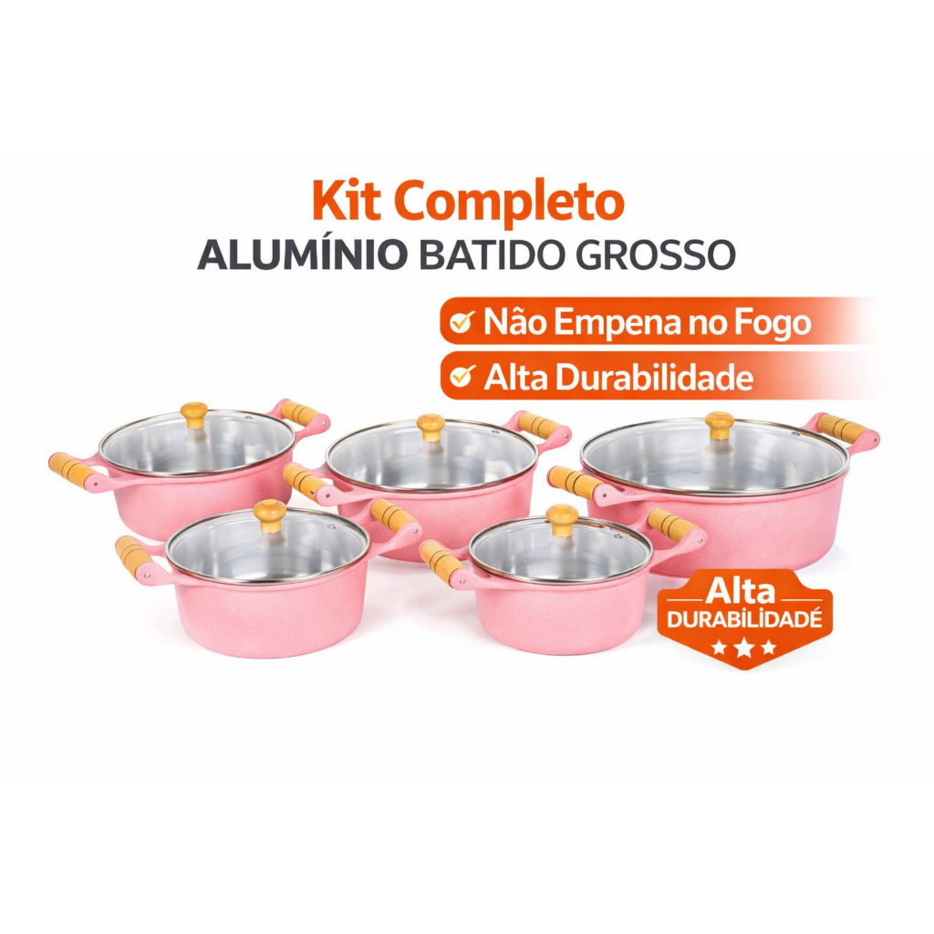 JOGO PANELAS ALUMINIO BATIDO FUNDIDO ROSA RUSTICO TAMPA VIDRO TAM14/22 COZINHA ROSA DECORADA