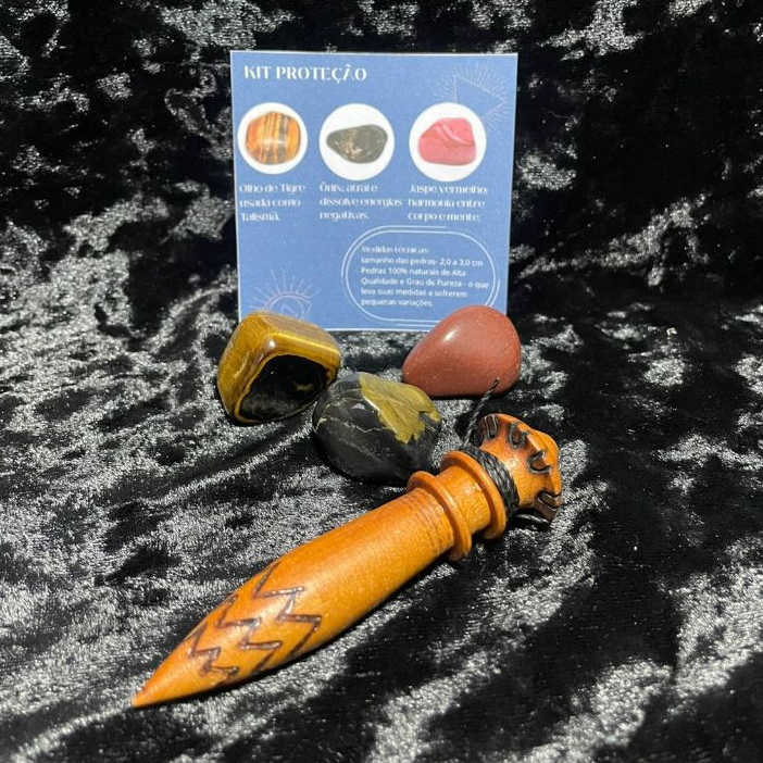 KIT 3 CRISTAIS PROTEÇÃO OLHO DE TIGRE, ÔNIX, JASPE E PENDULO DE MADEIRA COM CHUMBO
