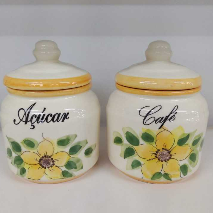 Pote Mantimentos Café e Açucar / Cantinho do café Amarelo em Cerâmica