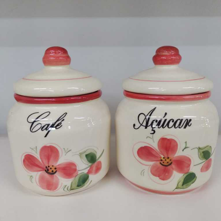 Pote Mantimentos Café e Açucar / Cantinho do Café Vermelho em cerâmica