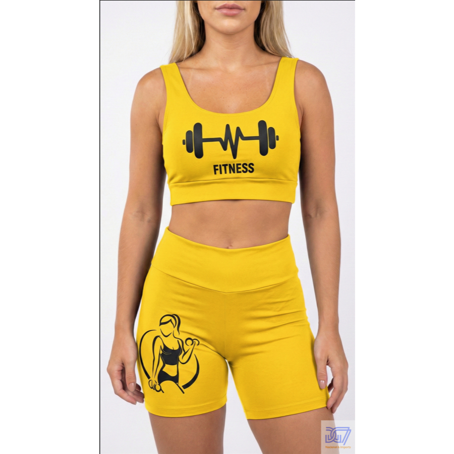 Conjunto Fitness  Feminino Academia Suplex Top e Short Estampado Zero Transpa. Roupa de Treino Tamanho Slim