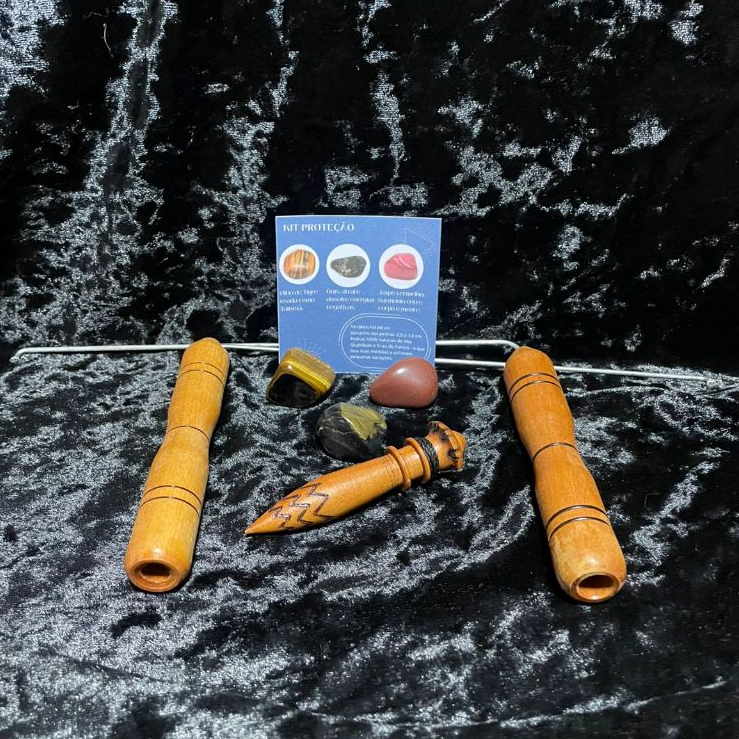 KIT DUAL ROD, PENDULO DE MADEIRA COM CHUMBO E 3 CRISTAIS PROTEÇÃO