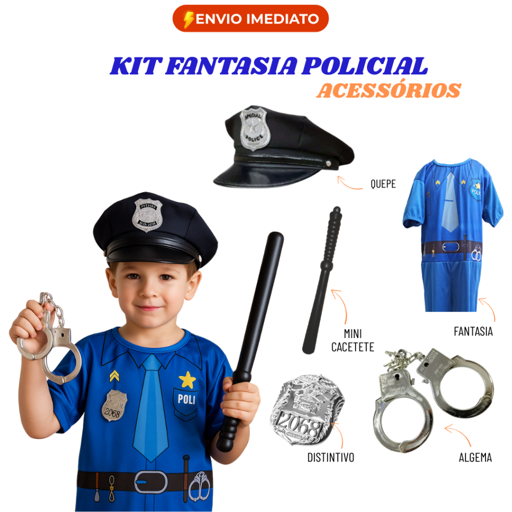 Fantasia Policial Infantil Carnaval Masculina Acessórios Algema Distintivo Quepe Cacetete