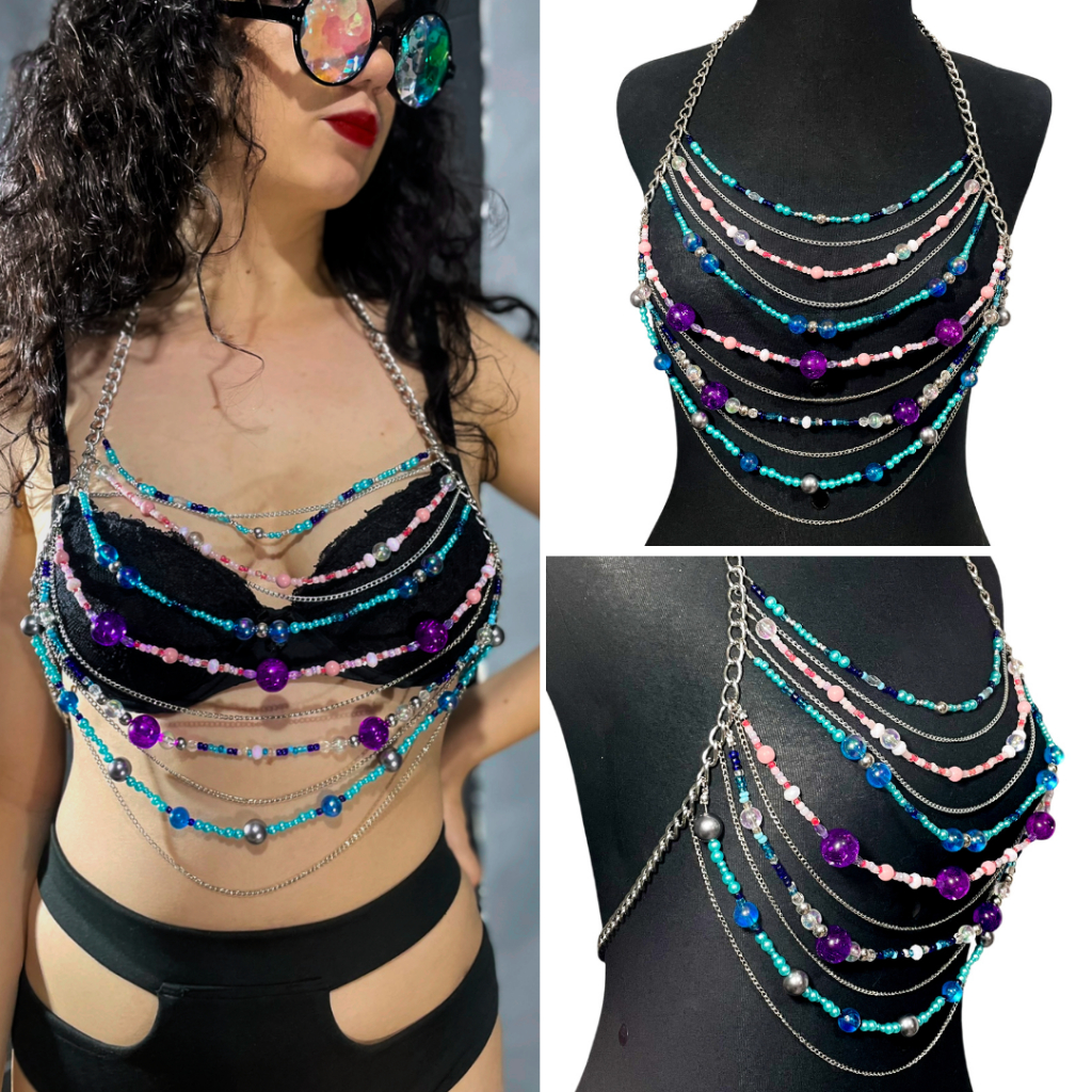 Body Chain Top Miçangas Correntes Azul Rosa Roxo Acessório Festival Carnaval Sereia