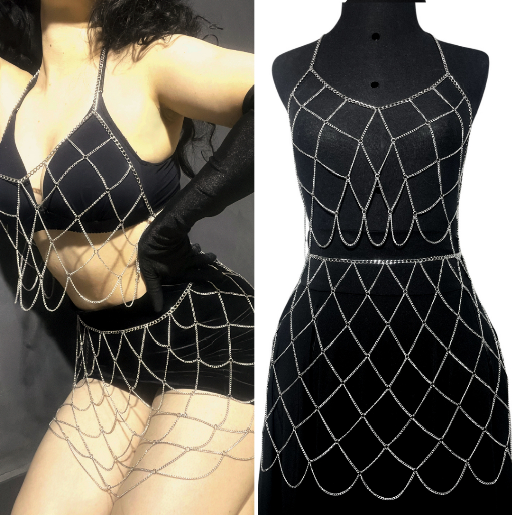 Conjunto Body Chain Sereia Acessório Carnaval Festival Correntes Cinto e Top de Correntes Prateado ou Dourado