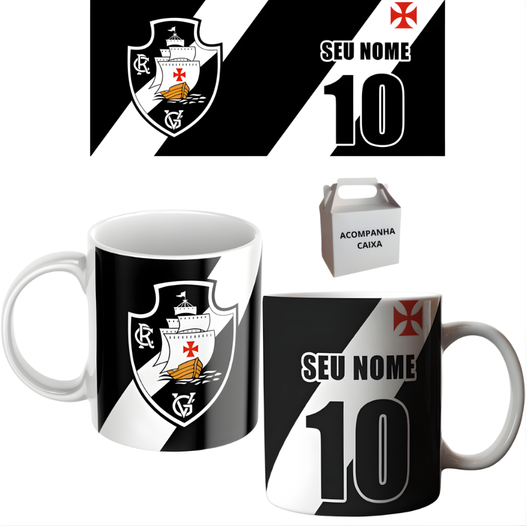 Caneca Personalizada Vasco Da Gama Seu Nome Porcelana 325ml