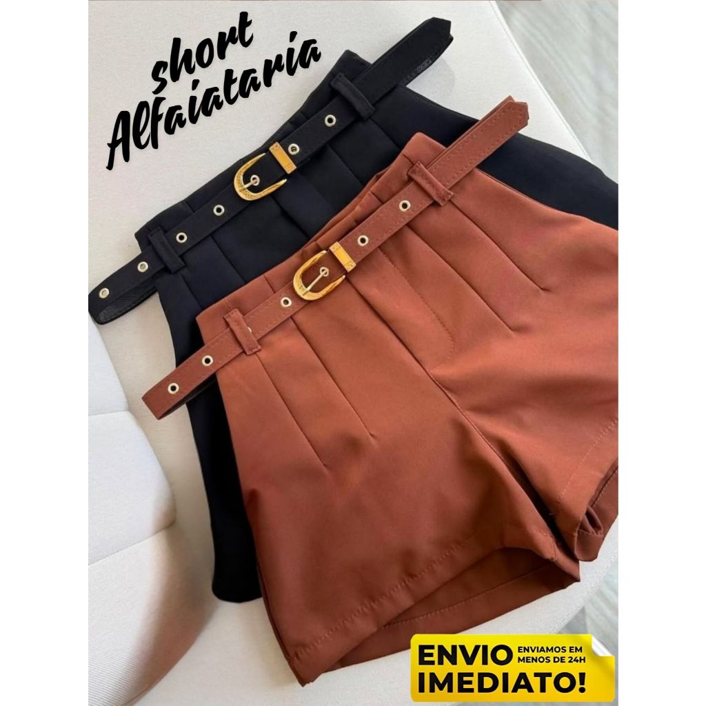 SHORT ALFAIATARIA FEMININO SOCIAL CINTURA ALTA COM ZÍPER NA LATERAL P M G GG em Oferta na Shopee