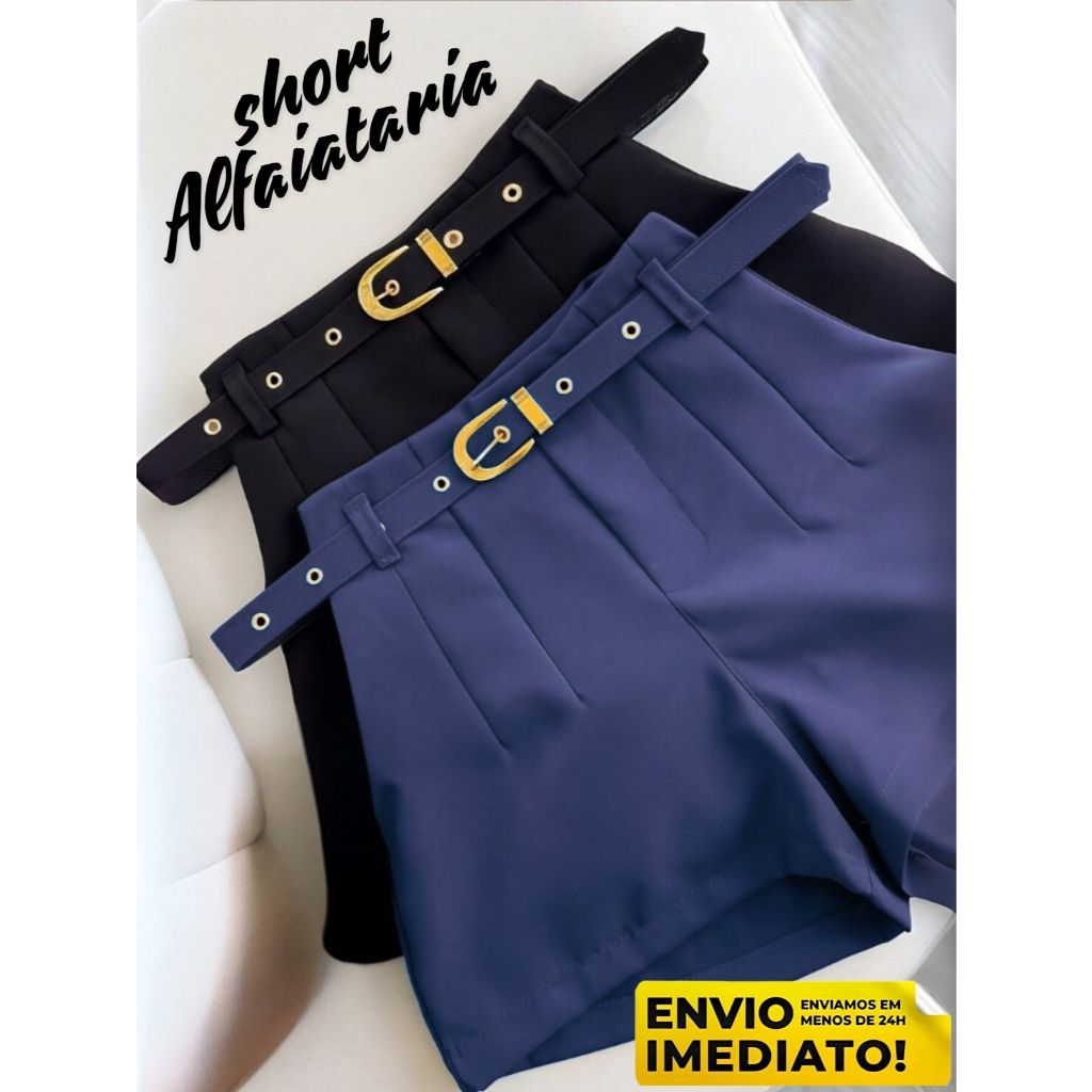 Short Feminino Alfaiataria com Cinto Forrado Social cintura alta em Oferta na Shopee
