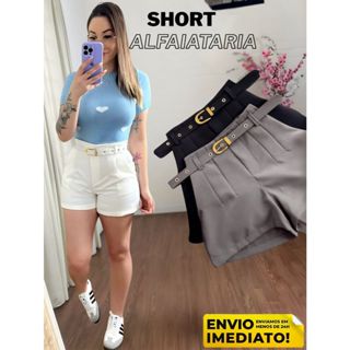 SHORT ALFAIATARIA FEMININO ZAARA CINTURA ALTA COM ZÍPER NA LATERAL COM CINTO FORRADO em Oferta na Shopee